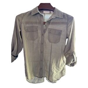 CHICOS Women 4 Lightweight Roll Tab Sleeve Button Down Career Casual Olive Cotto
